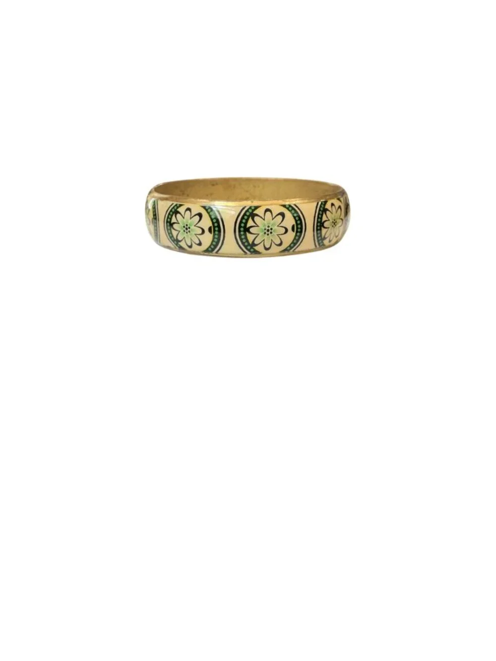 Vintage Brass Bangle Bracelet With Green Floral Design 2.62